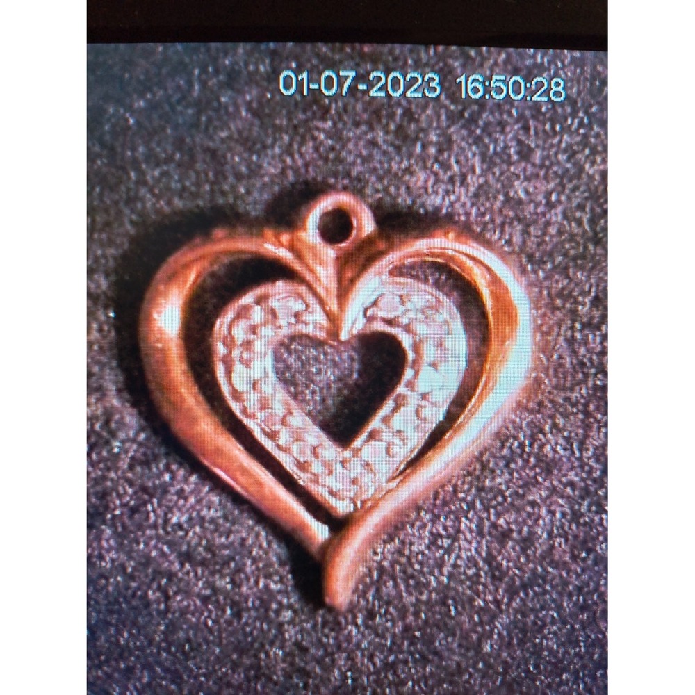 Gold Tone Double Floating Heart Pendant Charm Pave Rhinestone Textured Border